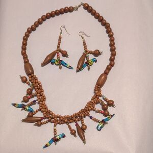 Colorful Wooden Bead Bird Necklace and Pierced Earring Set Tropical Fun